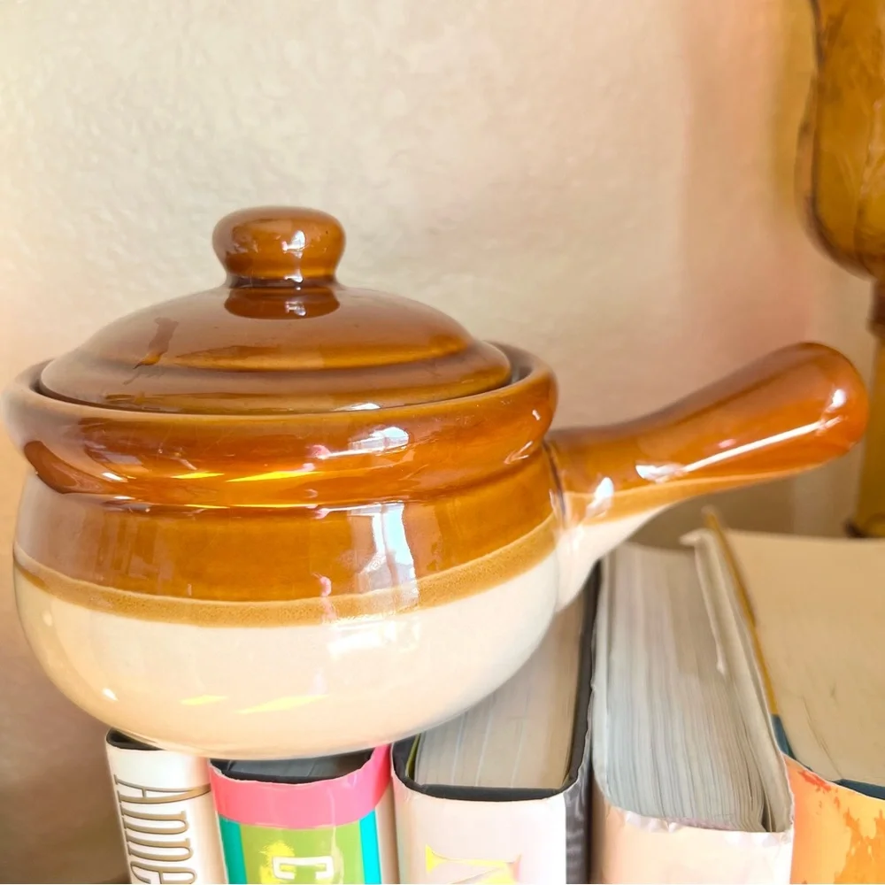 Vintage Set of Two Tri Dipped Ombre Brown Glazed Potters Soup Bowls With Lids